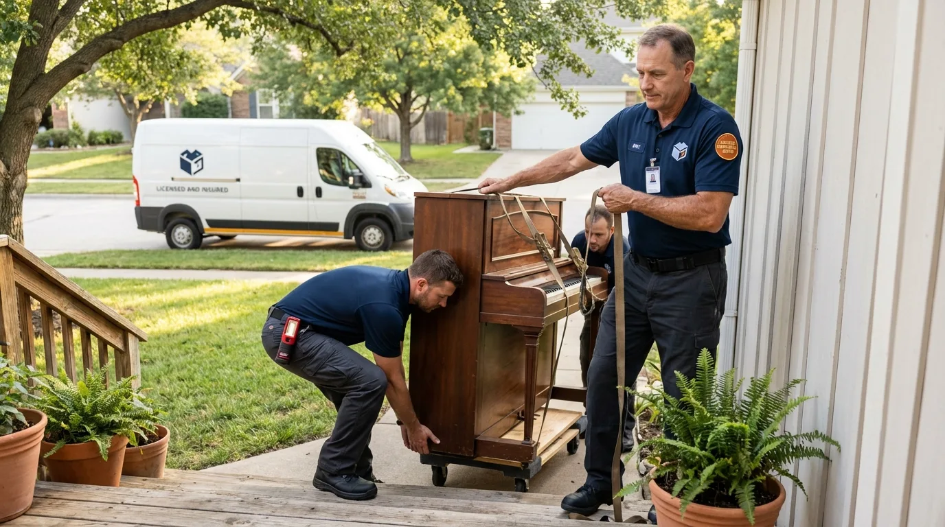 Licensed piano movers securing grand piano in Saint Marys, WV