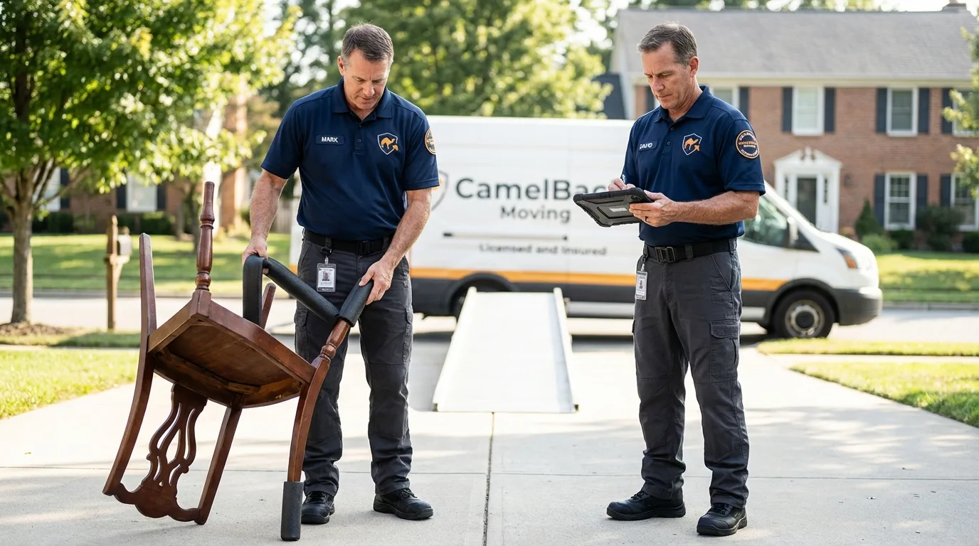 Movers inspecting furniture for damage prevention before loading in Saint Marys, WV