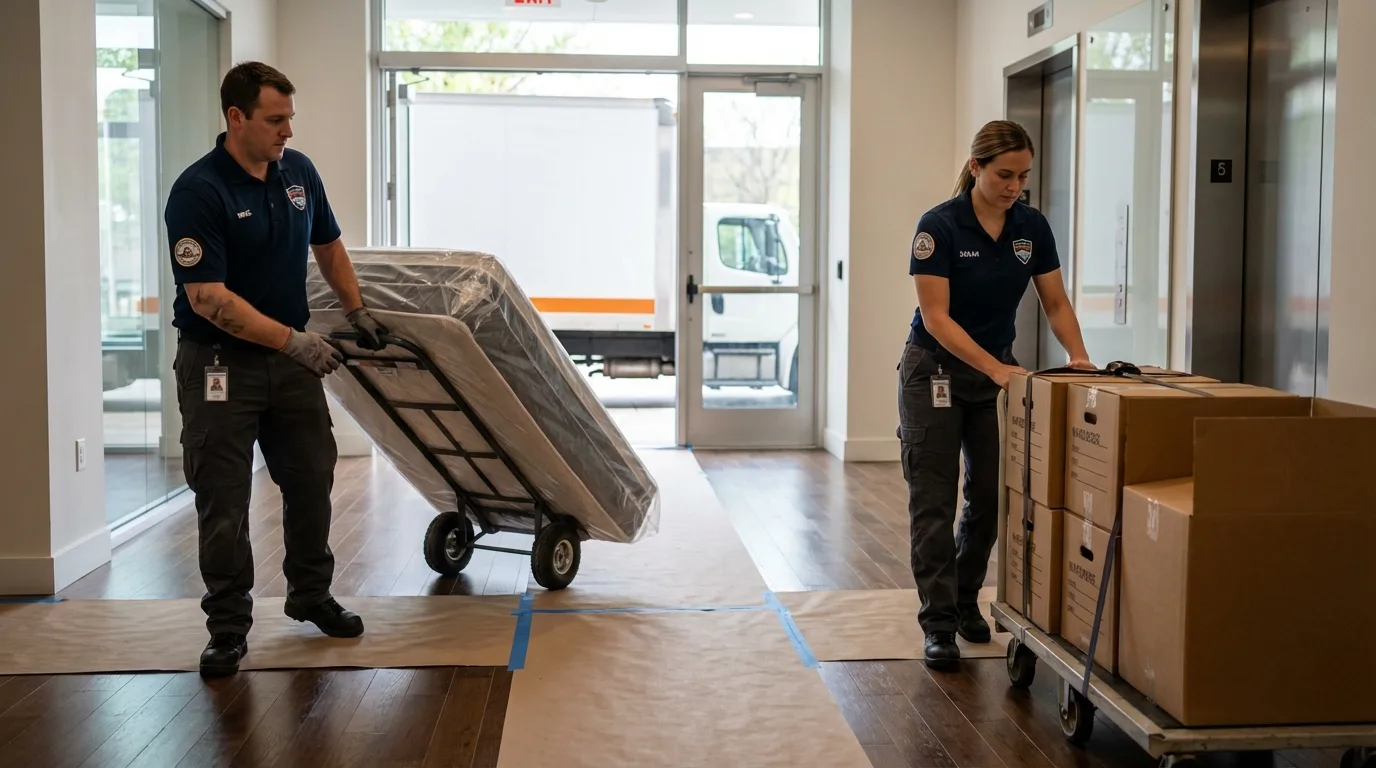 Professional apartment movers loading elevator in Saint Marys, WV