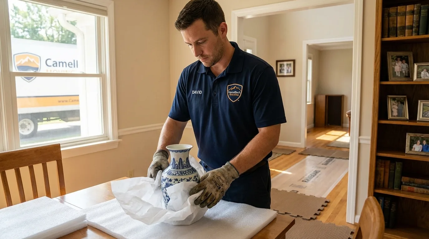 Professional crew carefully wrapping antique vase for senior downsizing move in Saint Marys, WV